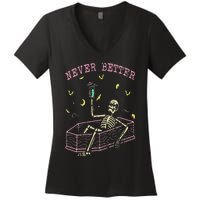 Never Better Skeletons Relaxing In Coffin Night Women's V-Neck T-Shirt