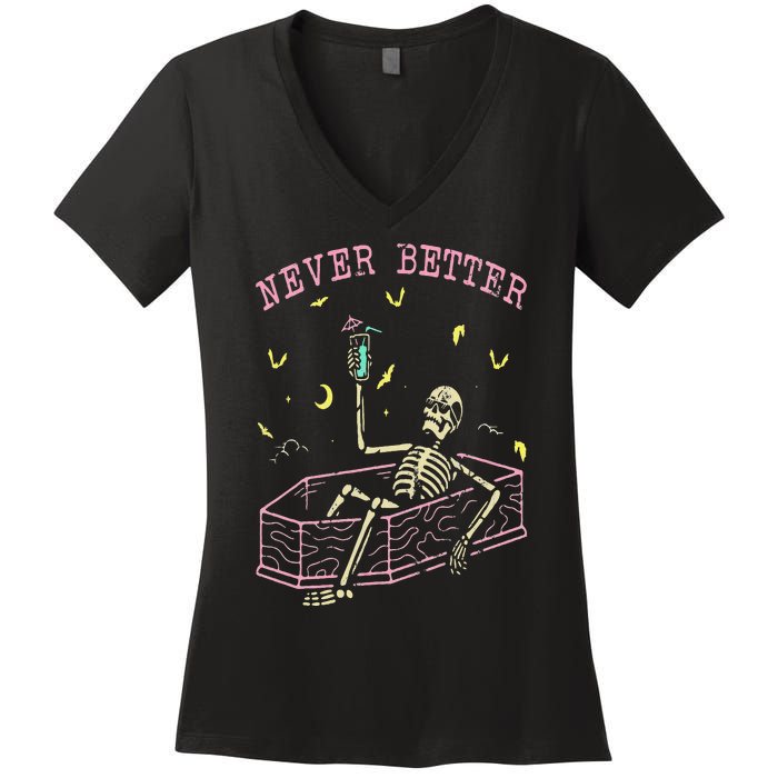 Never Better Skeletons Relaxing In Coffin Night Women's V-Neck T-Shirt