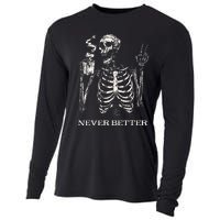 Never Better Skeleton Drinking Coffee Gothic Halloween Cooling Performance Long Sleeve Crew