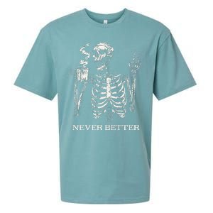 Never Better Skeleton Drinking Coffee Gothic Halloween Sueded Cloud Jersey T-Shirt