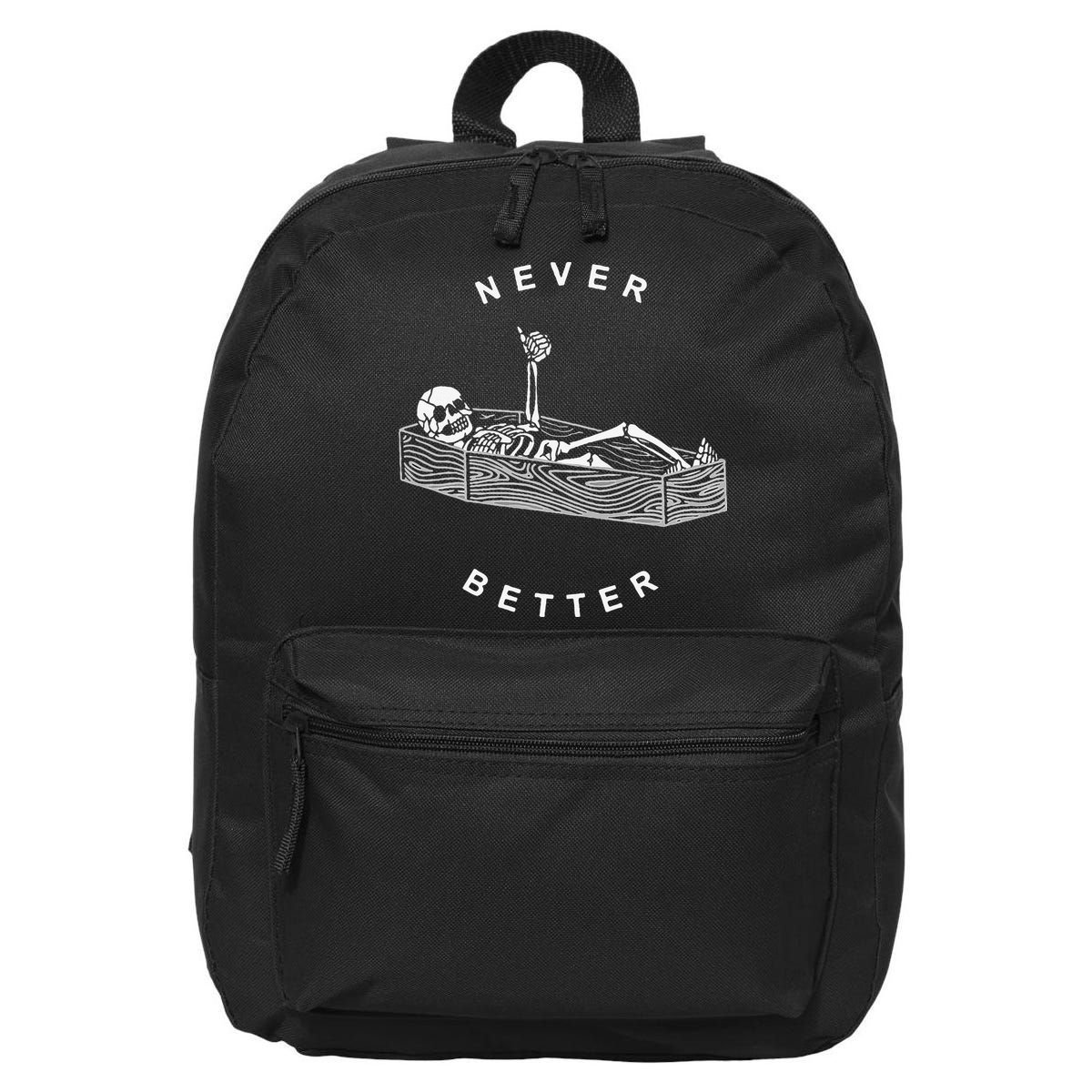 Never Better Skull Skeleton In The Coffin Halloween 16 in Basic Backpack