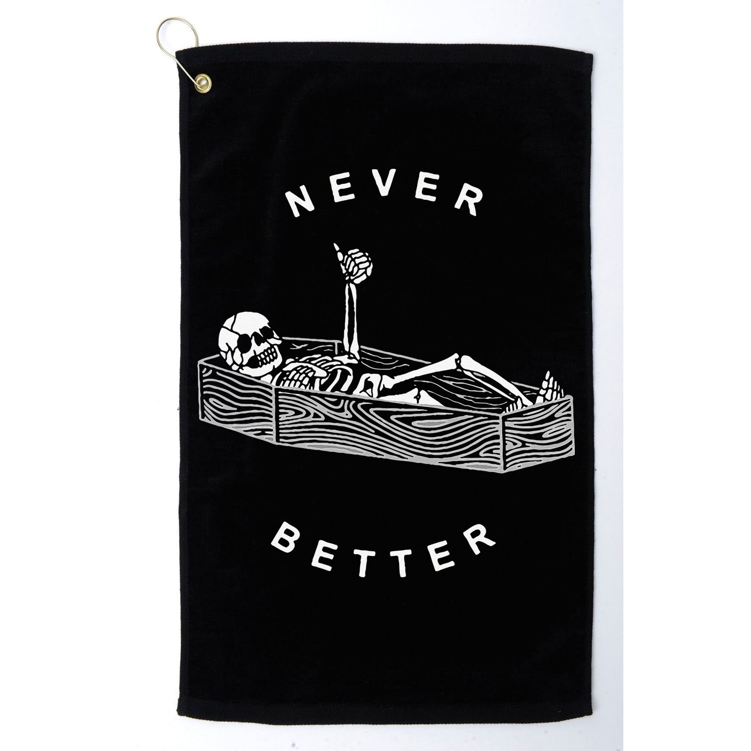Never Better Skull Skeleton In The Coffin Halloween Golf Towel