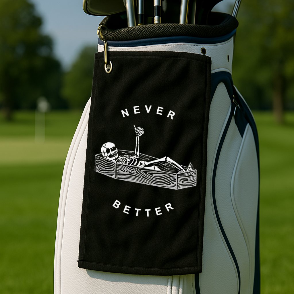 Never Better Skull Skeleton In The Coffin Halloween Golf Towel