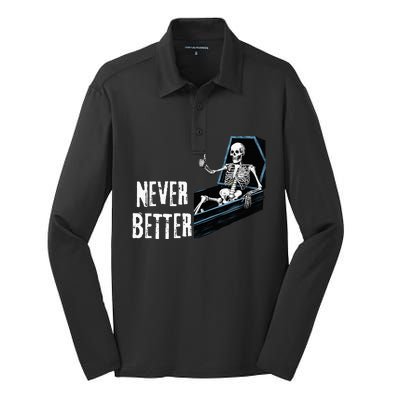 Never Better Skeleton Skull Silk Touch Performance Long Sleeve Polo