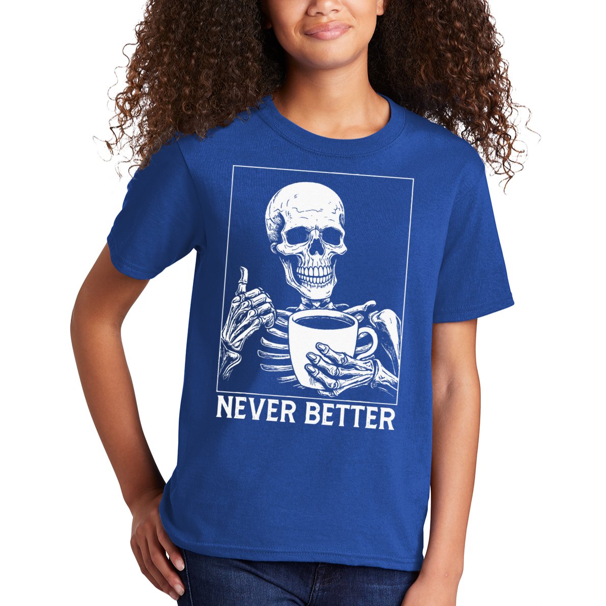 Never Better Skeleton Drinking Coffee Halloween Kids T-Shirt