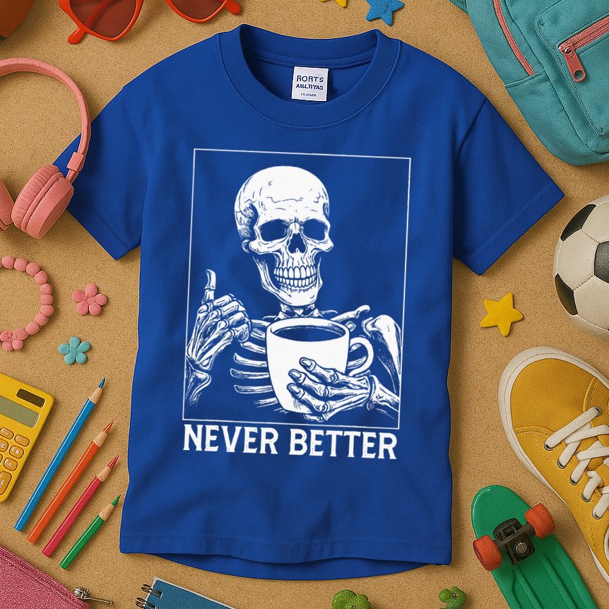 Never Better Skeleton Drinking Coffee Halloween Kids T-Shirt