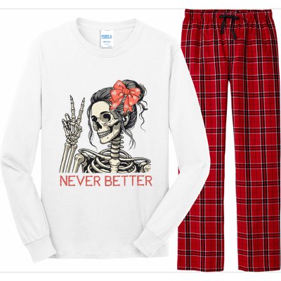 Never Better Skeleton Halloween Skull Mom Long Sleeve Pajama Set