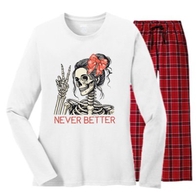 Never Better Skeleton Halloween Skull Mom Women's Long Sleeve Flannel Pajama Set 