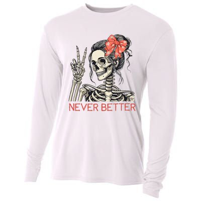 Never Better Skeleton Halloween Skull Mom Cooling Performance Long Sleeve Crew