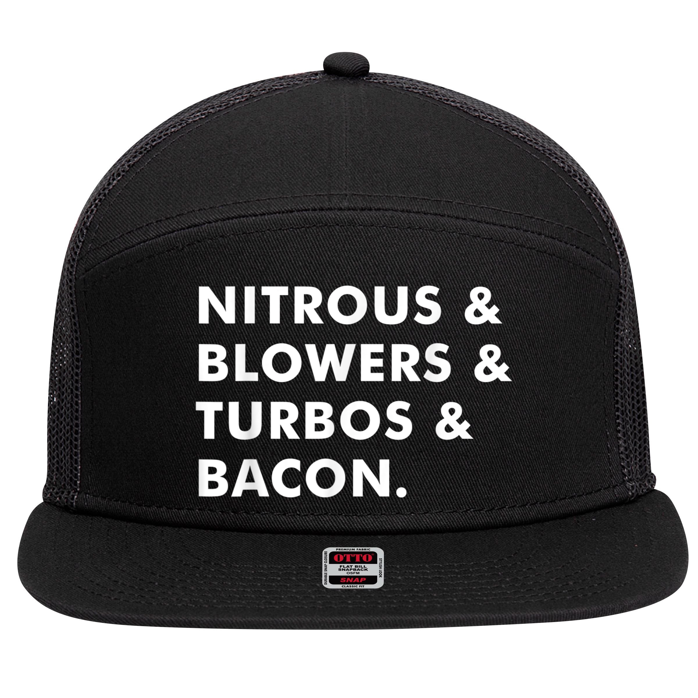 Nitrous & Blowers & Turbos & Bacon 7 Panel Mesh Trucker Snapback Hat