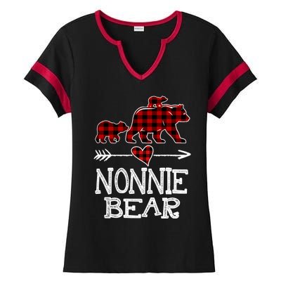 Nonnie Bear Two Cubs Red Plaid Nonnie Christmas Pajama Cute Gift Ladies Halftime Notch Neck Tee