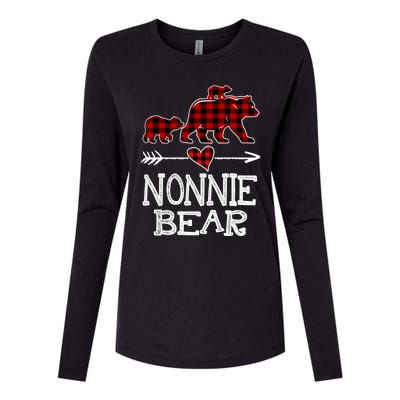 Nonnie Bear Two Cubs Red Plaid Nonnie Christmas Pajama Cute Gift Womens Cotton Relaxed Long Sleeve T-Shirt