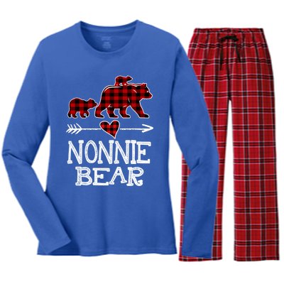 Nonnie Bear Two Cubs Red Plaid Nonnie Christmas Pajama Cute Gift Women's Long Sleeve Flannel Pajama Set 