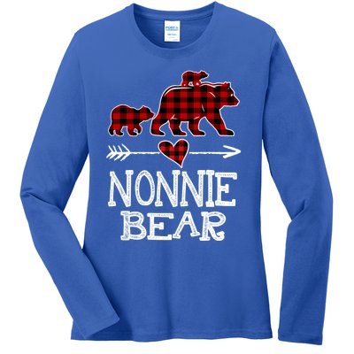 Nonnie Bear Two Cubs Red Plaid Nonnie Christmas Pajama Cute Gift Ladies Long Sleeve Shirt