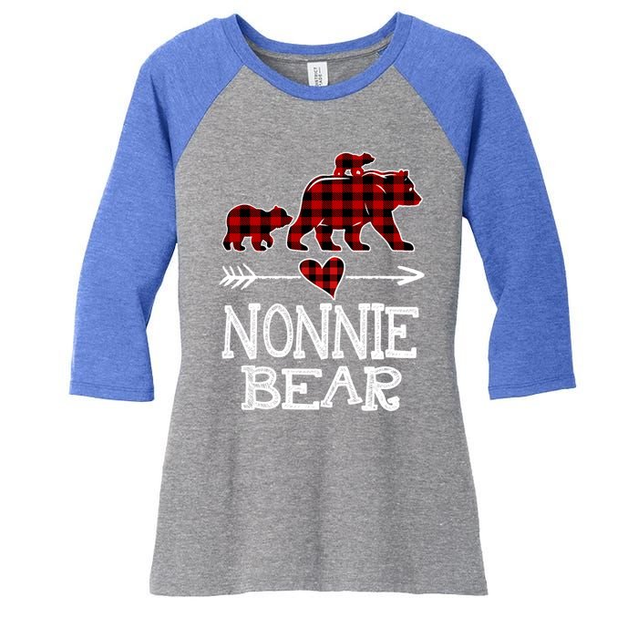 Nonnie Bear Two Cubs Red Plaid Nonnie Christmas Pajama Cute Gift Women's Tri-Blend 3/4-Sleeve Raglan Shirt