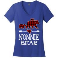 Nonnie Bear Two Cubs Red Plaid Nonnie Christmas Pajama Cute Gift Women's V-Neck T-Shirt