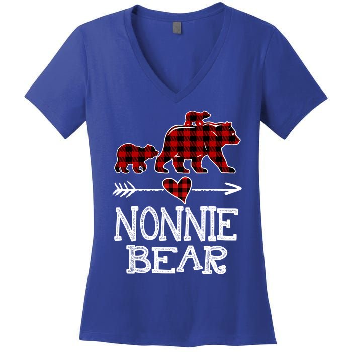 Nonnie Bear Two Cubs Red Plaid Nonnie Christmas Pajama Cute Gift Women's V-Neck T-Shirt