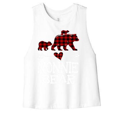 Nonnie Bear Two Cubs Red Plaid Nonnie Christmas Pajama Cute Gift Women's Racerback Cropped Tank