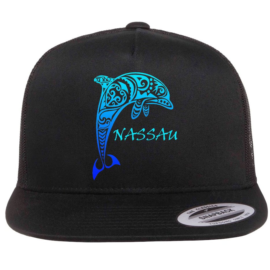 Nassau Bahamas Vintage Retro Tribal Dolphin Vacation Flat Bill Trucker Hat