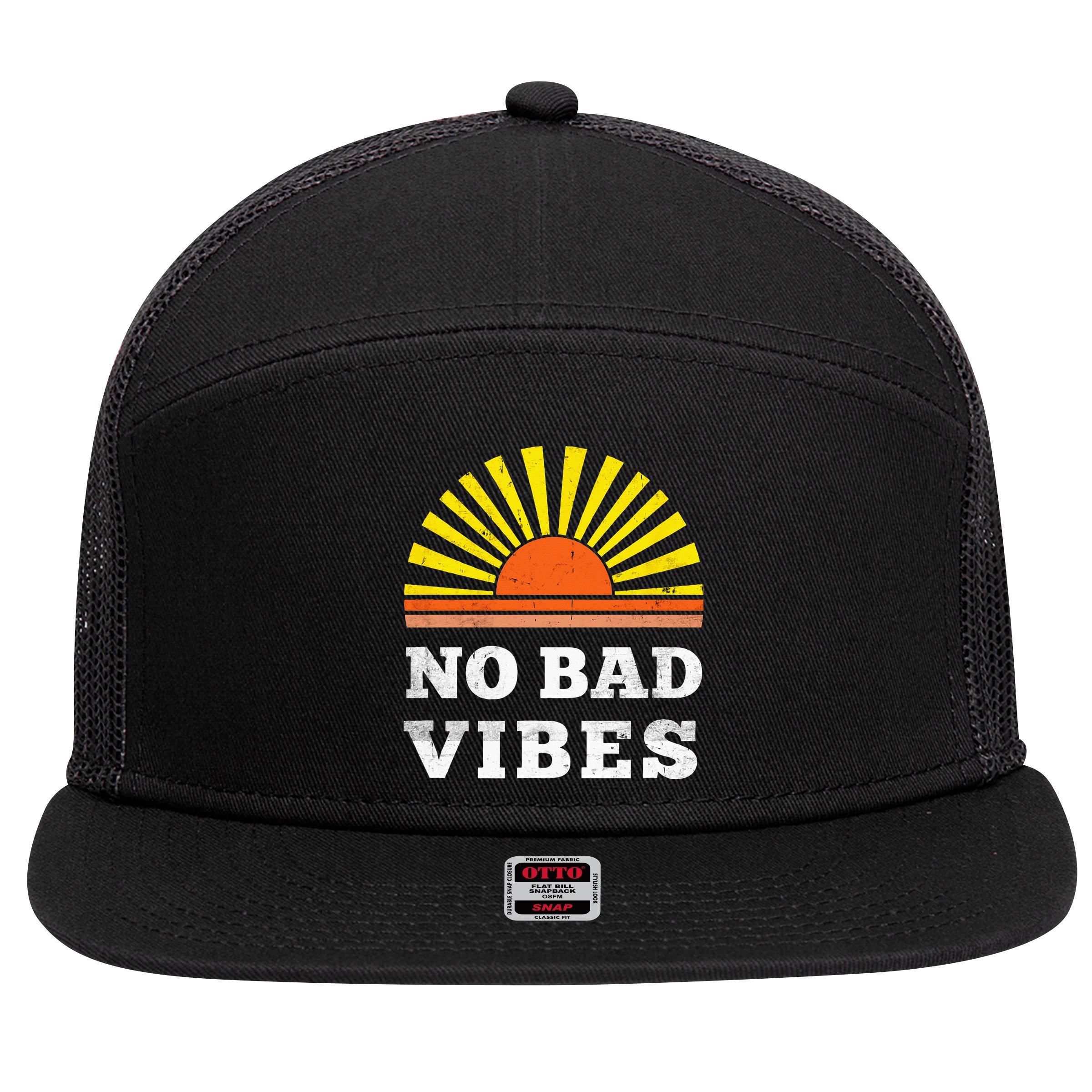 No Bad Vibes Retro Summer Sunset Think Positive Wellbeing 7 Panel Mesh Trucker Snapback Hat
