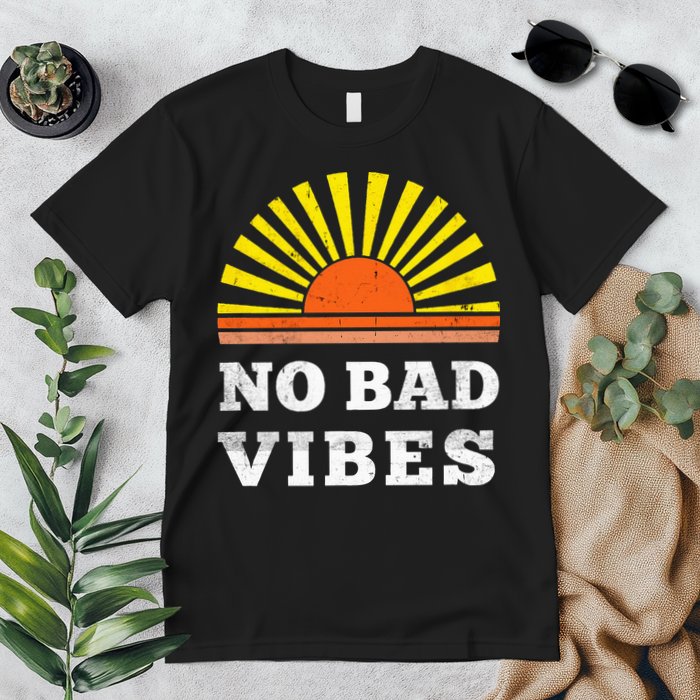 No Bad Vibes Retro Summer Sunset Think Positive Wellbeing Premium T-Shirt