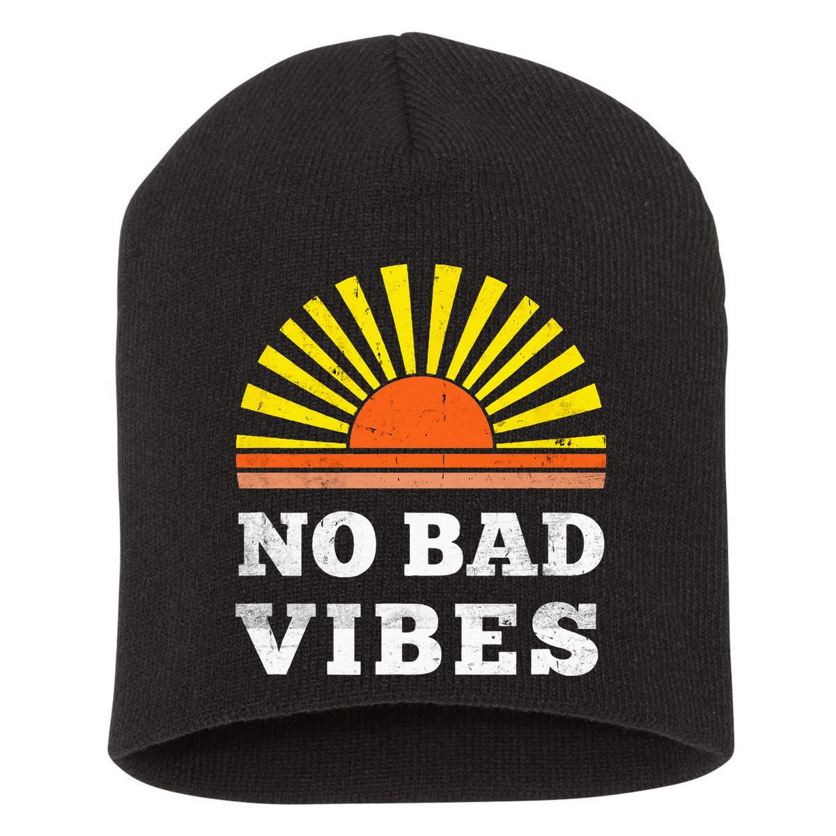 No Bad Vibes Retro Summer Sunset Think Positive Wellbeing Short Acrylic Beanie