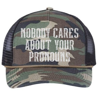 Nobody Cares About Your Pronouns Funny Vintage Retro Rope Trucker Hat Cap