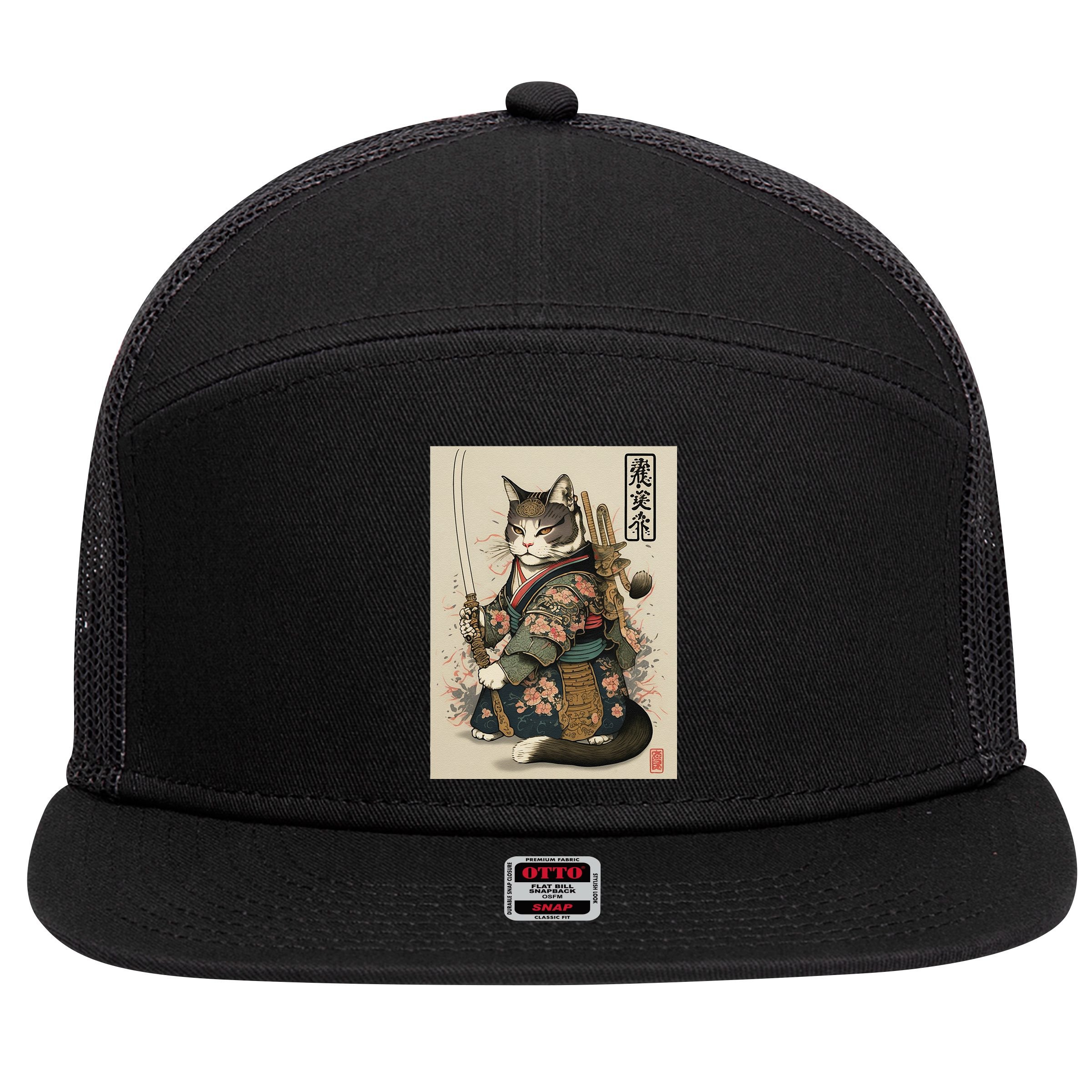 Ninja Cat Anime Style Samurai Cat 7 Panel Mesh Trucker Snapback Hat