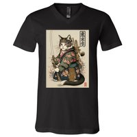 Ninja Cat Anime Style Samurai Cat V-Neck T-Shirt