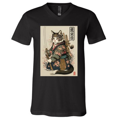 Ninja Cat Anime Style Samurai Cat V-Neck T-Shirt