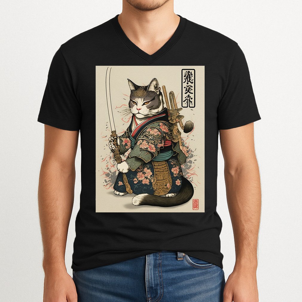 Ninja Cat Anime Style Samurai Cat V-Neck T-Shirt