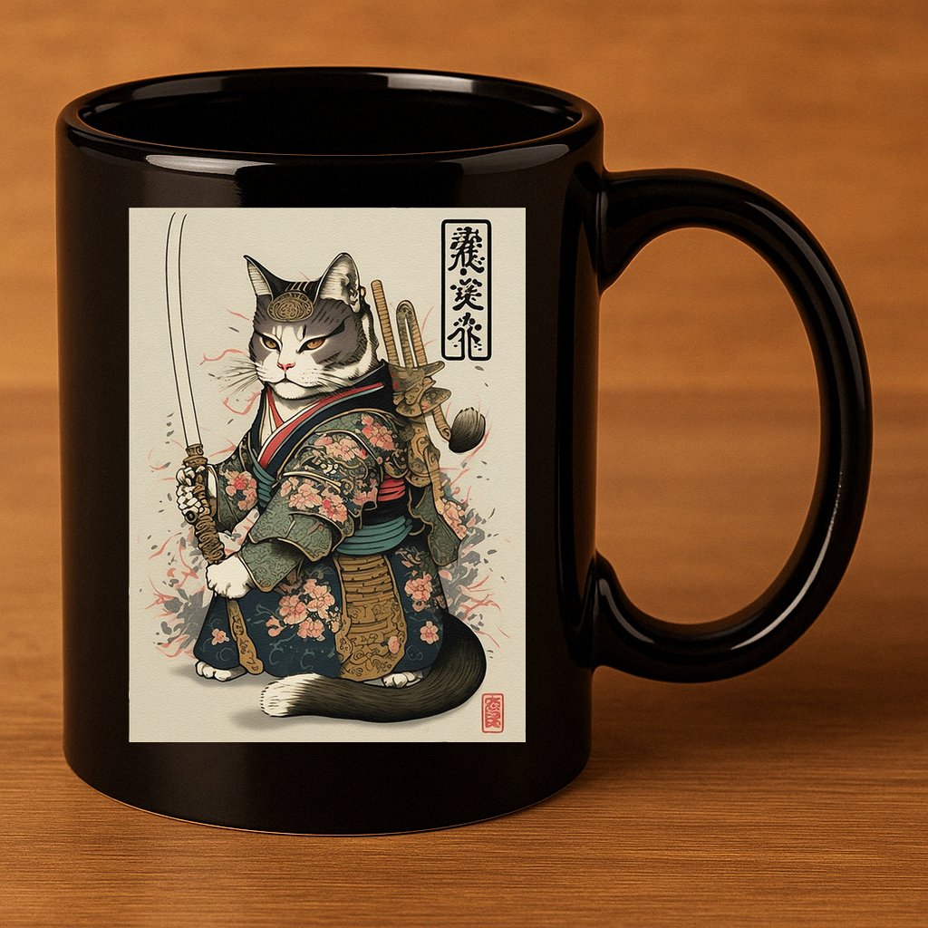 Ninja Cat Anime Style Samurai Cat 11oz C Handle Ceramic Mug