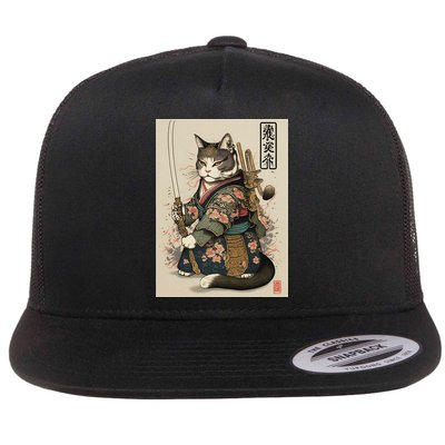 Ninja Cat Anime Style Samurai Cat Flat Bill Trucker Hat