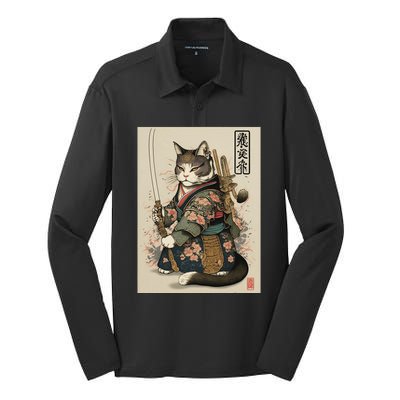 Ninja Cat Anime Style Samurai Cat Silk Touch Performance Long Sleeve Polo