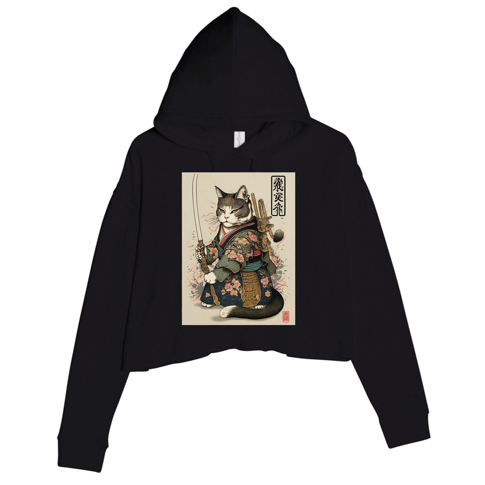 Ninja Cat Anime Style Samurai Cat Crop Fleece Hoodie