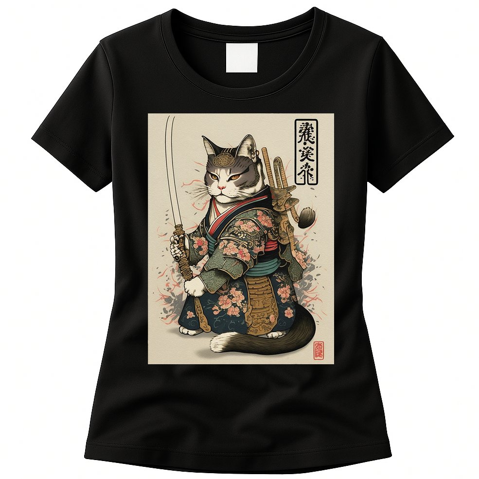 Ninja Cat Anime Style Samurai Cat Womens T-Shirt