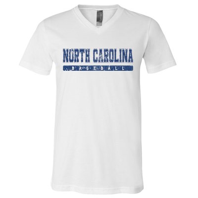 North Carolina Baseball Blue Vintage Text V-Neck T-Shirt