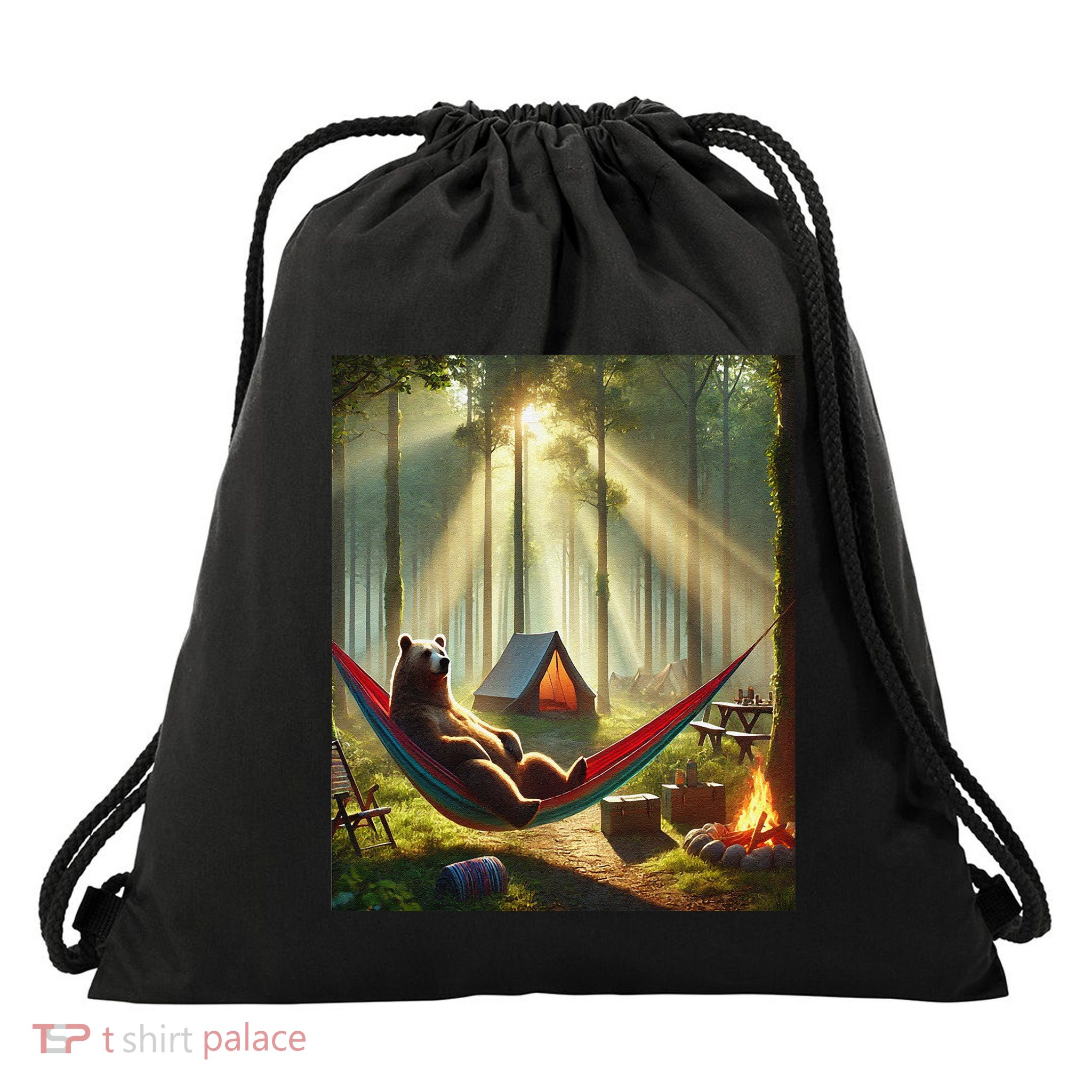 Nature Camping Bear Relaxed Hammock And Tent Forest Scene Gift Drawstring Bag