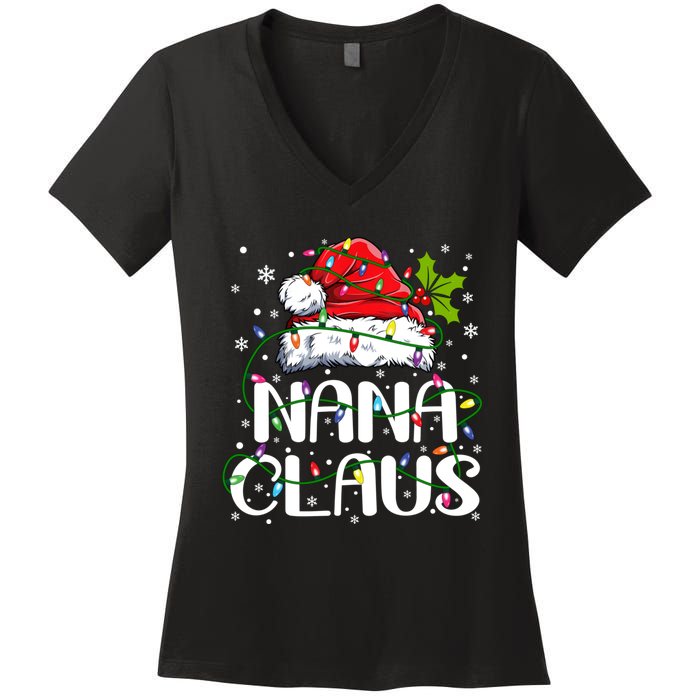 Nana Claus Christmas Lights Pajama Family Matching Women's V-Neck T-Shirt