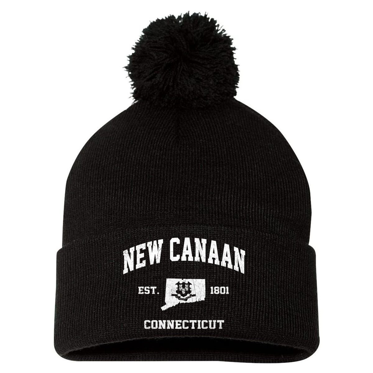 New Canaan Connecticut CT Vintage State Athletic Style Pom Pom 12in Knit Beanie