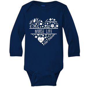 Nurse Care Compassion Patience Nurse Life Heart Gift Baby Long Sleeve Bodysuit