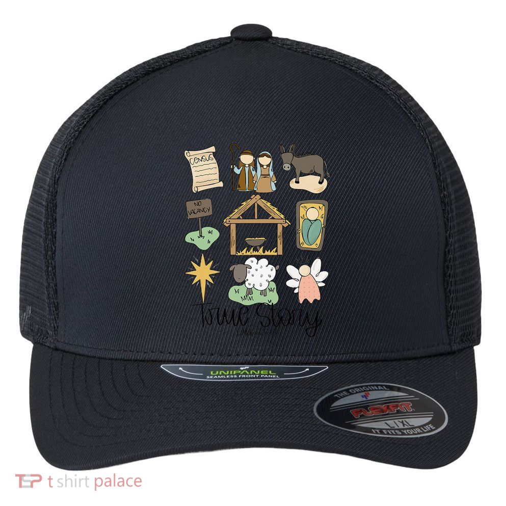 Nativity Christian Christmas Xmas True Story Manger  Flexfit Unipanel Trucker Cap