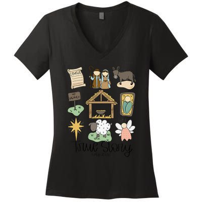 Nativity Christian Christmas Xmas True Story Manger  Women's V-Neck T-Shirt