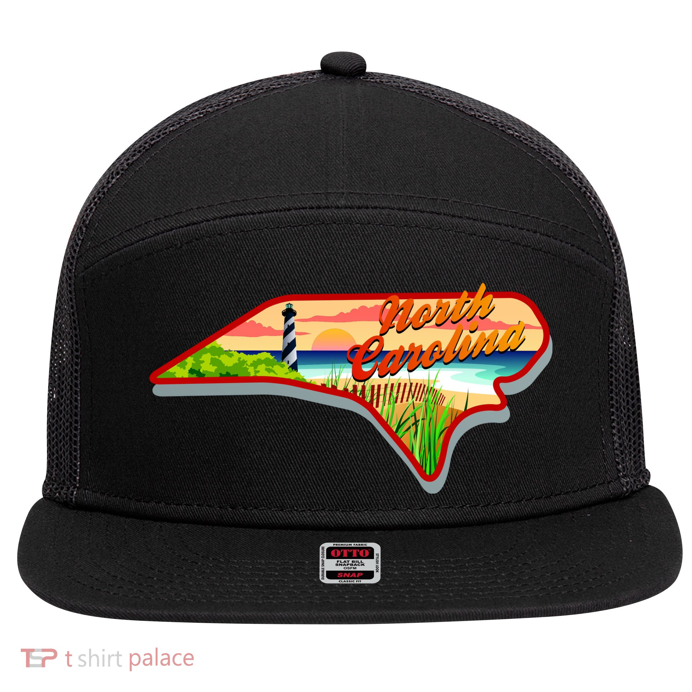North Carolina Cartoon Illustration 7 Panel Mesh Trucker Snapback Hat
