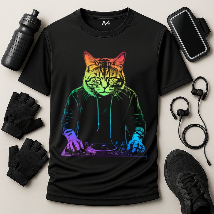 Neon Cat Dj Cooling Performance Crew T-Shirt