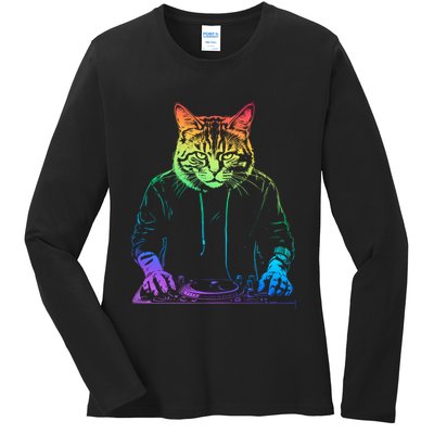 Neon Cat Dj Ladies Long Sleeve Shirt