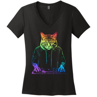 Neon Cat Dj Women's V-Neck T-Shirt