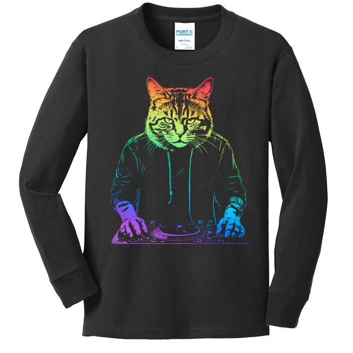 Neon Cat Dj Kids Long Sleeve Shirt