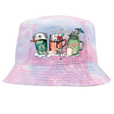 Nurse Christmas Drinks Latte Pills Jar Stethoscope Funny Graphic Oversized Tie-Dyed Bucket Hat