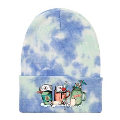 Nurse Christmas Drinks Latte Pills Jar Stethoscope Funny Graphic Oversized Tie Dye 12in Knit Beanie